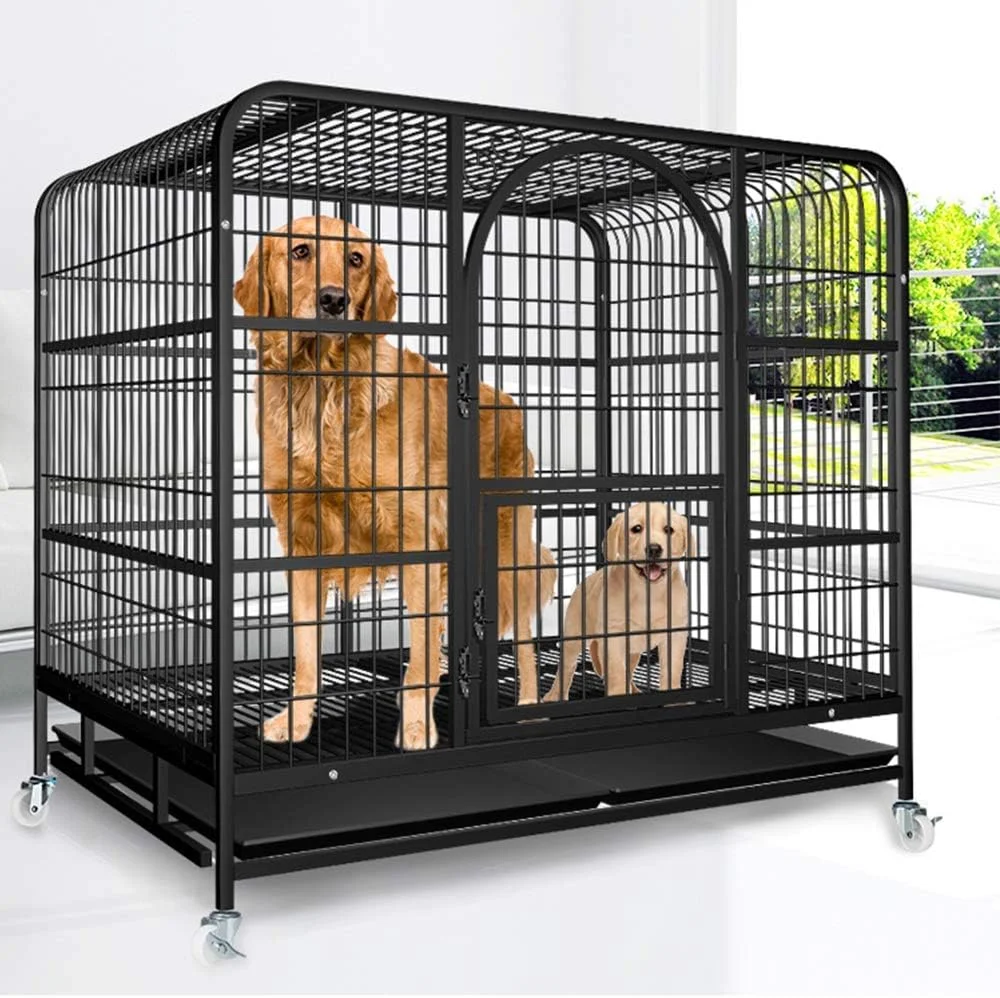 قفس سگ و توله سگ WYJW، جعبه تاشو مشکی با سینی زیرین، طراحی قفل اتوماتیک دو درب، قرقره چرخان 360 درجه برای سگ های کوچک، متوسط ​​و بزرگ، S