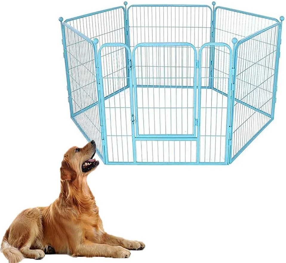 قفس بازی سگ WYJW مناسب برای سگ، خرگوش، گربه، حصارهای داخل/خارج با درب - سیم فلزی 6 پنلی تاشو، سفید (رنگ: آبی)