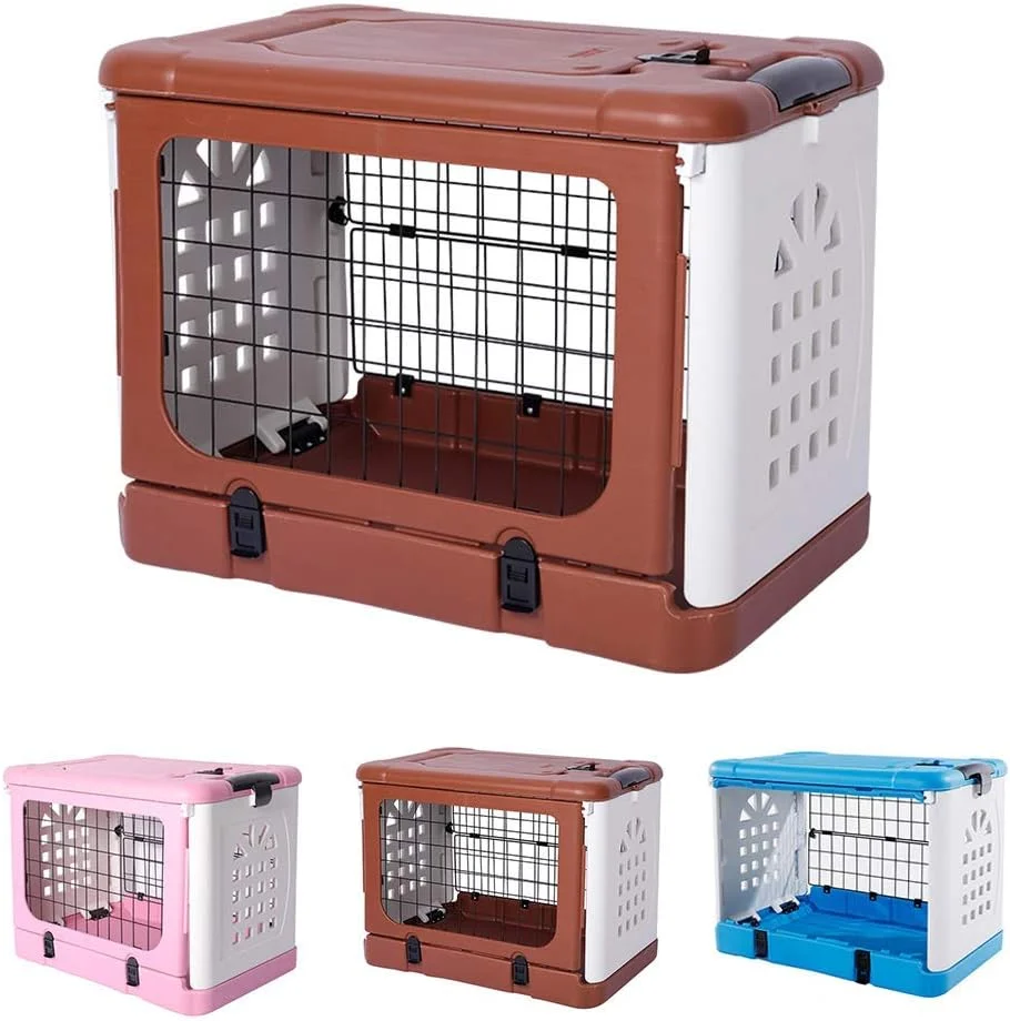 قفس سگ تاشو WYJW، باکس 2 درب با سینی، خانه سگ سرپوشیده با توالت، مناسب برای حیوانات خانگی بزرگ، متوسط و کوچک، 68 * 46 * 53 سانتی متر، قهوه ای