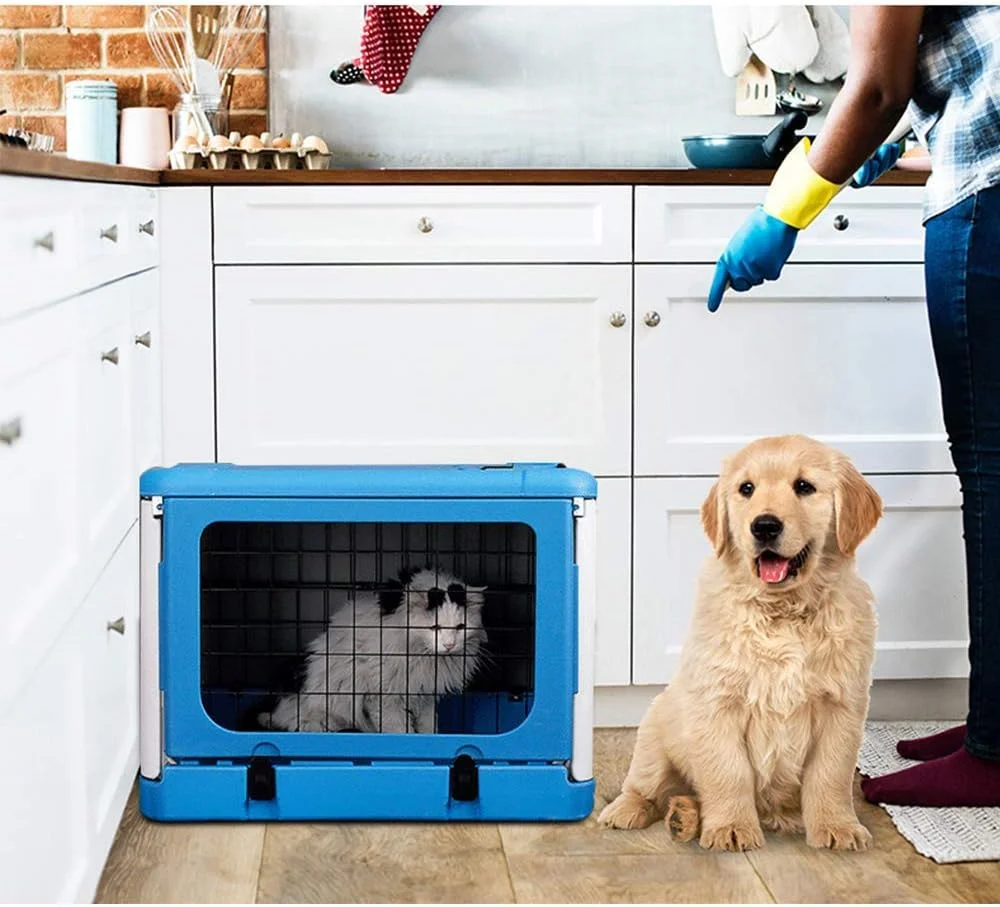 قفس سگ تاشو WYJW، باکس 2 درب با سینی، خانه سگ سرپوشیده با توالت، مناسب برای حیوانات خانگی بزرگ، متوسط و کوچک، 68 * 46 * 53 سانتی متر، قهوه ای