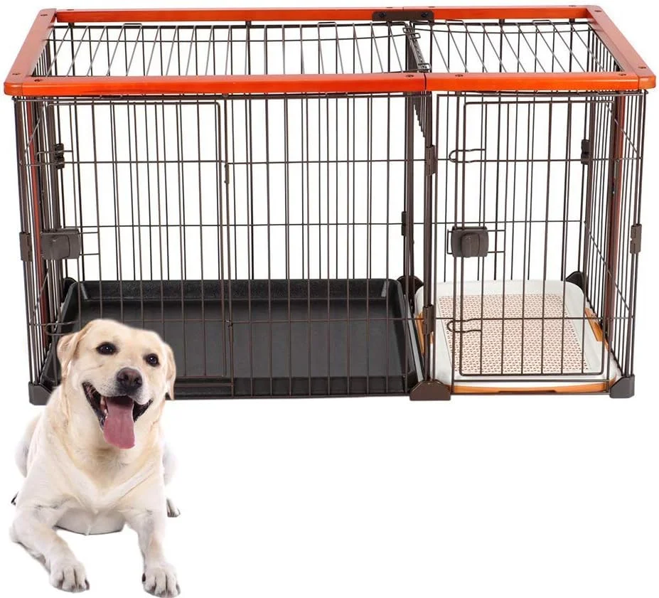 قفس سگ WYJW، حصار سگ و گربه چوبی و آهنی برای سگ های کوچک، متوسط ​​و بزرگ، طراحی توالت مستقل، قاب چوبی جامد زیبا و یکپارچهسازی با سیستمعامل، S