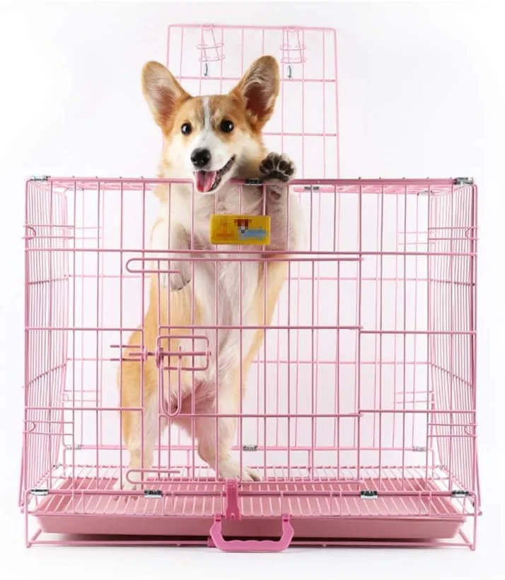 قفس سگ فلزی تاشو بزرگ WYJW با سینی پلاستیکی، قفس آموزشی تاشو برای حیوانات خانگی برای داخل و خارج از منزل، با دستگیره های حمل متحرک، صورتی، L
