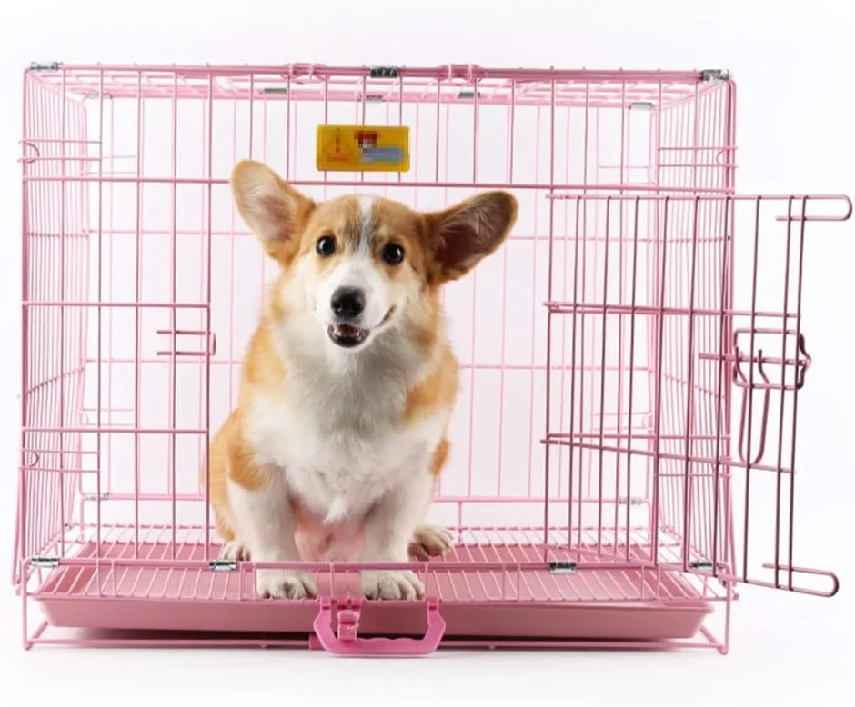 قفس سگ فلزی تاشو بزرگ WYJW با سینی پلاستیکی، قفس آموزشی تاشو برای حیوانات خانگی برای داخل و خارج از منزل، با دستگیره های حمل متحرک، صورتی، L