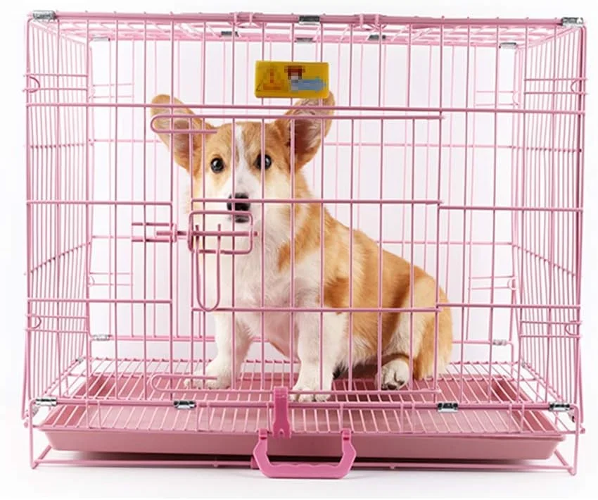 قفس سگ فلزی تاشو بزرگ WYJW با سینی پلاستیکی، قفس آموزشی تاشو برای حیوانات خانگی برای داخل و خارج از منزل، با دستگیره های حمل متحرک، صورتی، L