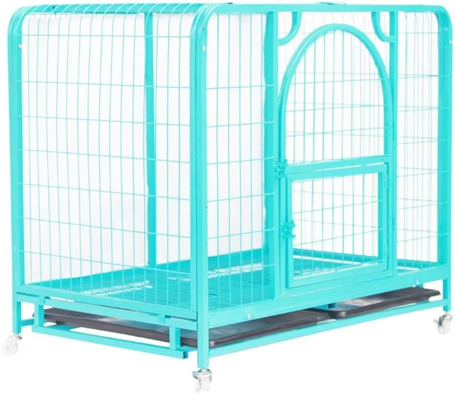 قفس سگ چرخ دار WYJW - قفس فلزی سیمی برای حیوانات خانگی، گربه، با سینی پلاستیکی ABS قابل جابجایی (آبی) (سایز: M 80 * 54 * 72 سانتی متر)