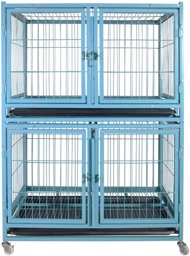 قفس سگ خانگی WYJW، قفس دو درب، باکس حمل توله سگ، قفس فلزی دو طبقه لوکس، سینی تخت، محوطه بازی حیوانات با چرخ جهانی، آبی (رنگ: آبی)