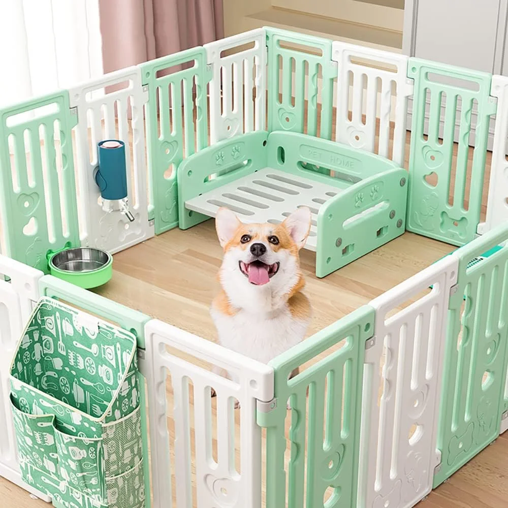 محوطه و مانع سگ WWART به همراه کیت نصب دیواری، محفظه حیوانات خانگی 20 پنلی، شامل درب قفل‌دار حیوانات خانگی، نصب سخت‌افزاری یا مستقل، تخت سگ، توالت سگ، آبخوری حیوانات خانگی، کاسه سگ