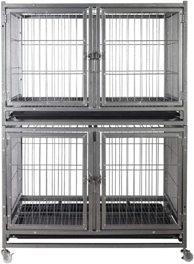 قفس سگ خانگی WYJW، قفس دو درب، باکس حمل توله سگ، آموزش لوکس، 2 طبقه، قفس فلزی، سینی تخت، محوطه بازی حیوانات با چرخ جهانی، آبی (رنگ: نقره ای)