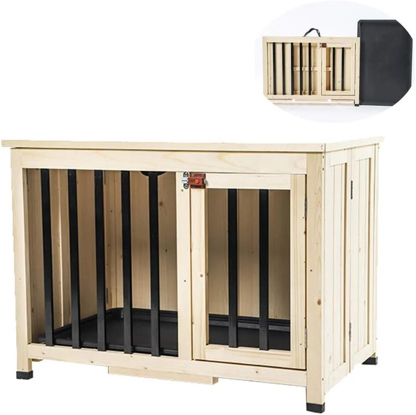 قفس سگ فلزی WYJW، باکس چوبی با میز رویی، 2 درب ایمن، خانه سگ چوبی جامد تاشو مرتفع، لانه حیوانات خانگی کوچک و متوسط قابل حمل با سینی قفس سگ فلزی WYJW، باکس چوبی با میز رویی، 2 درب ایمن، خانه سگ چوبی جامد تاشو مرتفع، لانه حیوانات خانگی کوچک و متوسط قابل حمل با سینی