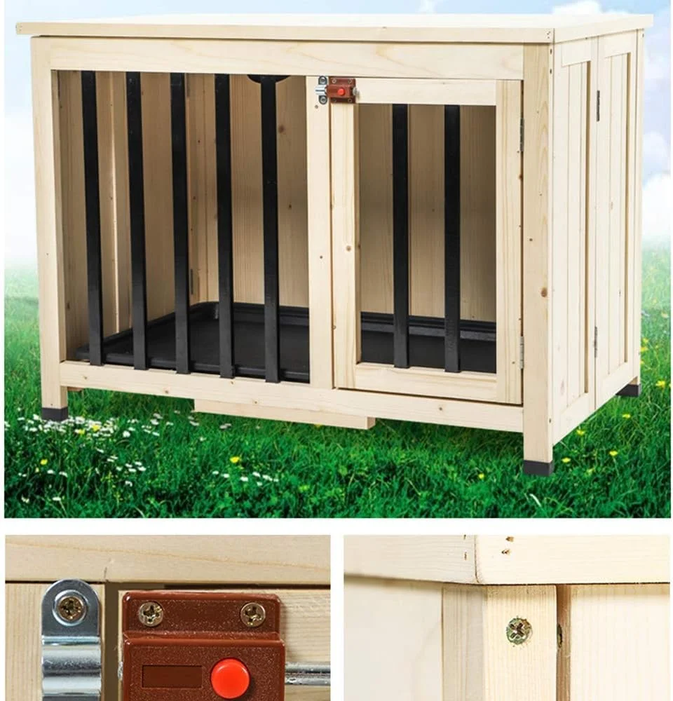 قفس سگ فلزی WYJW، باکس چوبی با میز رویی، 2 درب ایمن، خانه سگ چوبی جامد تاشو مرتفع، لانه حیوانات خانگی کوچک و متوسط قابل حمل با سینی
