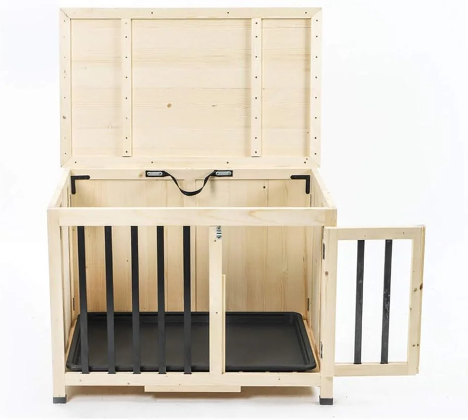 قفس سگ فلزی WYJW، باکس چوبی با میز رویی، 2 درب ایمن، خانه سگ چوبی جامد تاشو مرتفع، لانه حیوانات خانگی کوچک و متوسط قابل حمل با سینی
