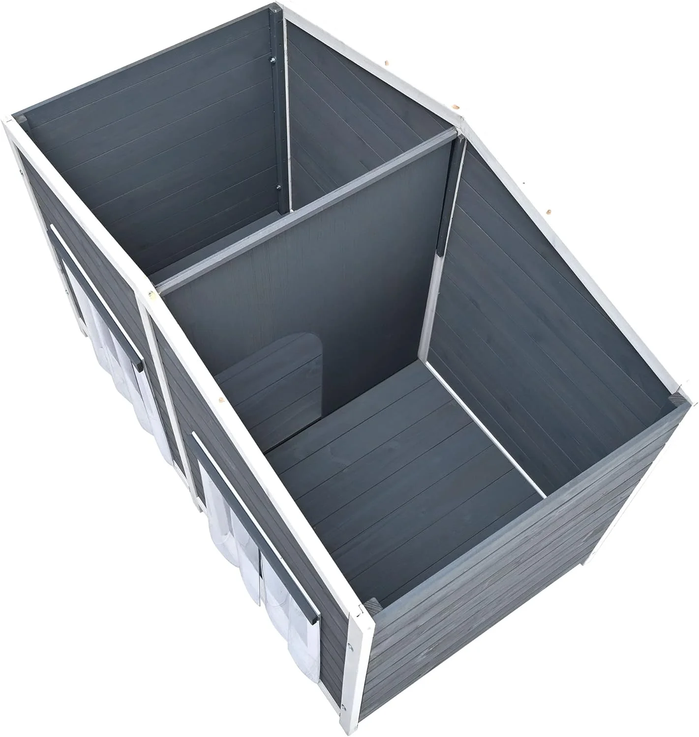 خانه سگ چوبی بزرگ 120 سانتی‌متری مناسب فضای باز به همراه ایوان، لانه سگ به سبک کلبه با 2 درب، کف مرتفع، خانه سگ چوبی از جنس چوب صنوبر جامد، مونتاژ آسان