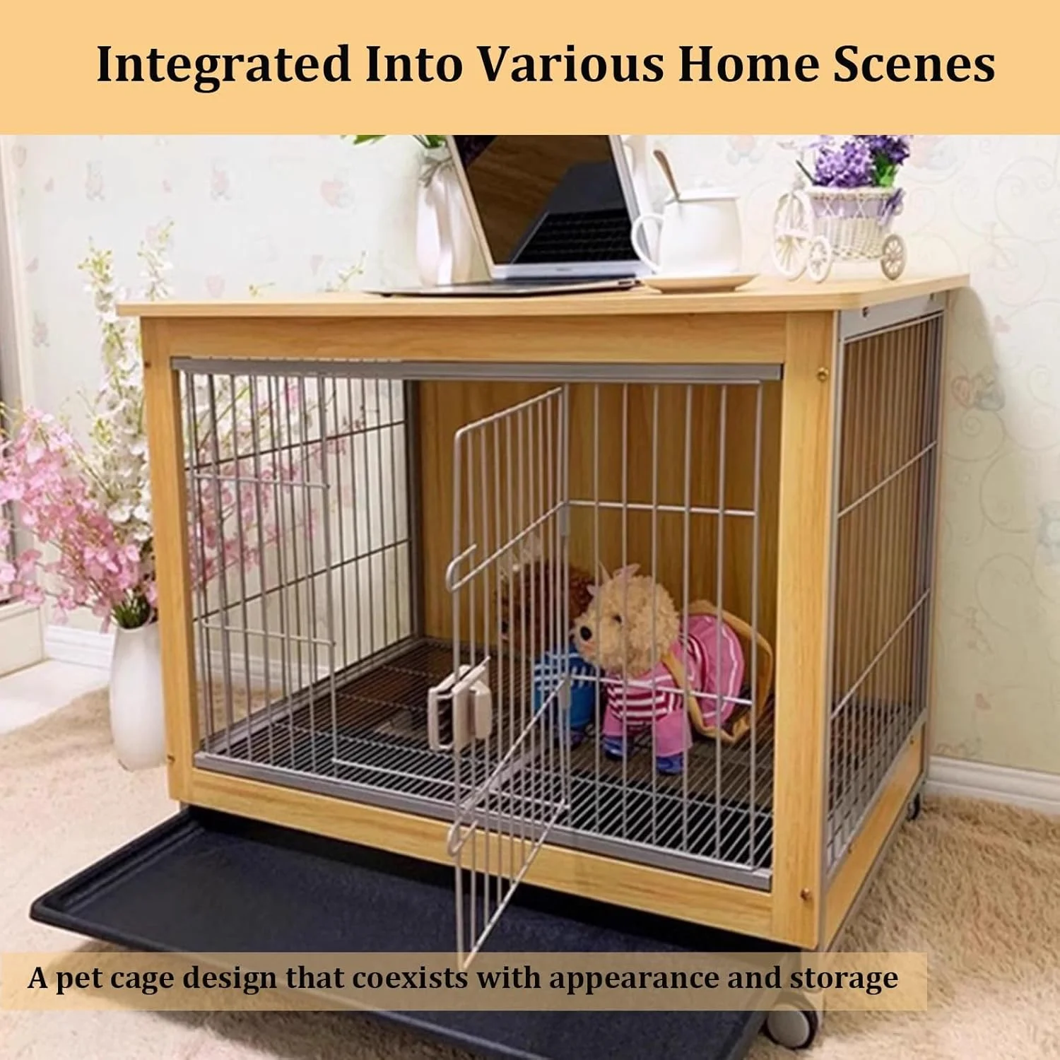خانه چوبی سگ، قفس سگ خانگی داخلی با سینی قابل جابجایی، قفس سگ سنگین برای سگ های بزرگ و متوسط (مشکی، 98*64*76.5 سانتی متر)