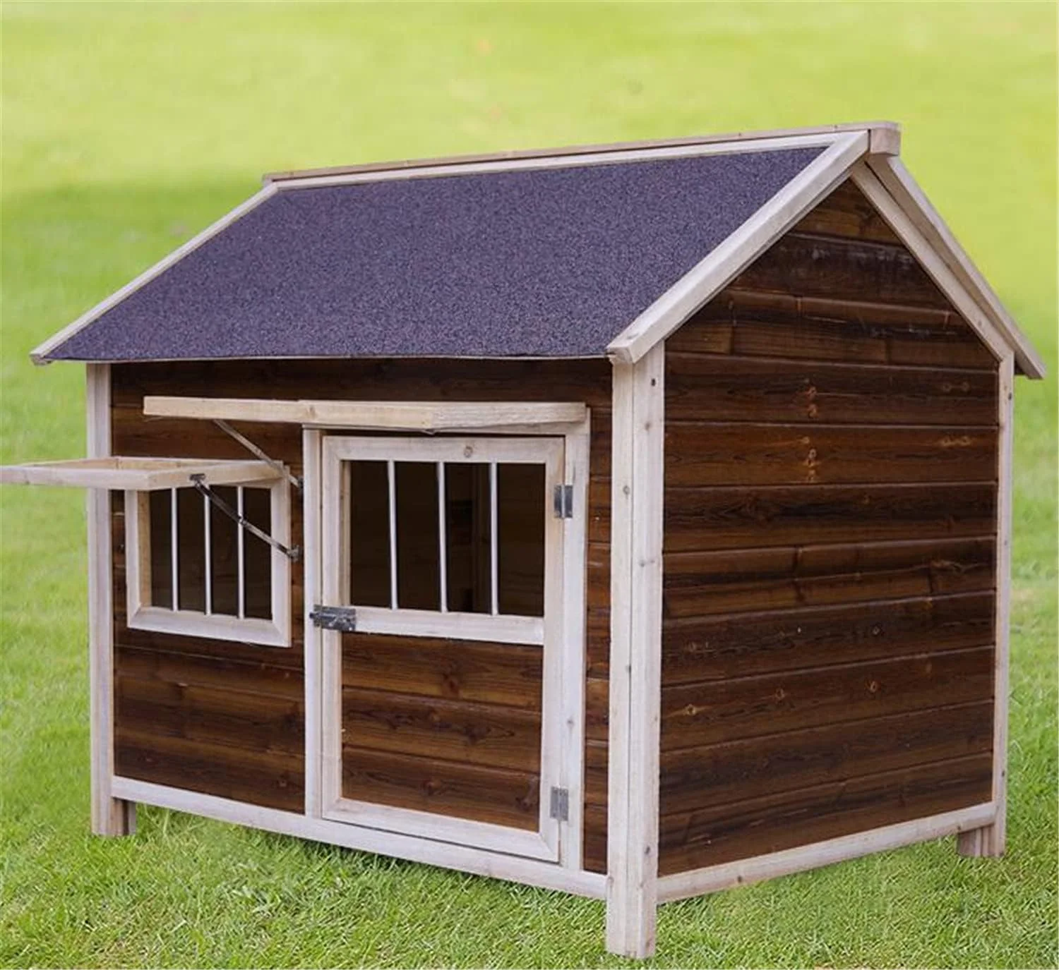 خانه سگ چوبی، خانه سگ حیاط چوبی، لانه کلبه چوبی حیوانات خانگی در فضای باز، صفحه پایه کشویی، با پنجره در و آفتابگیر برای فضای باز، برای حیوانات کوچک متوسط بزرگ، M