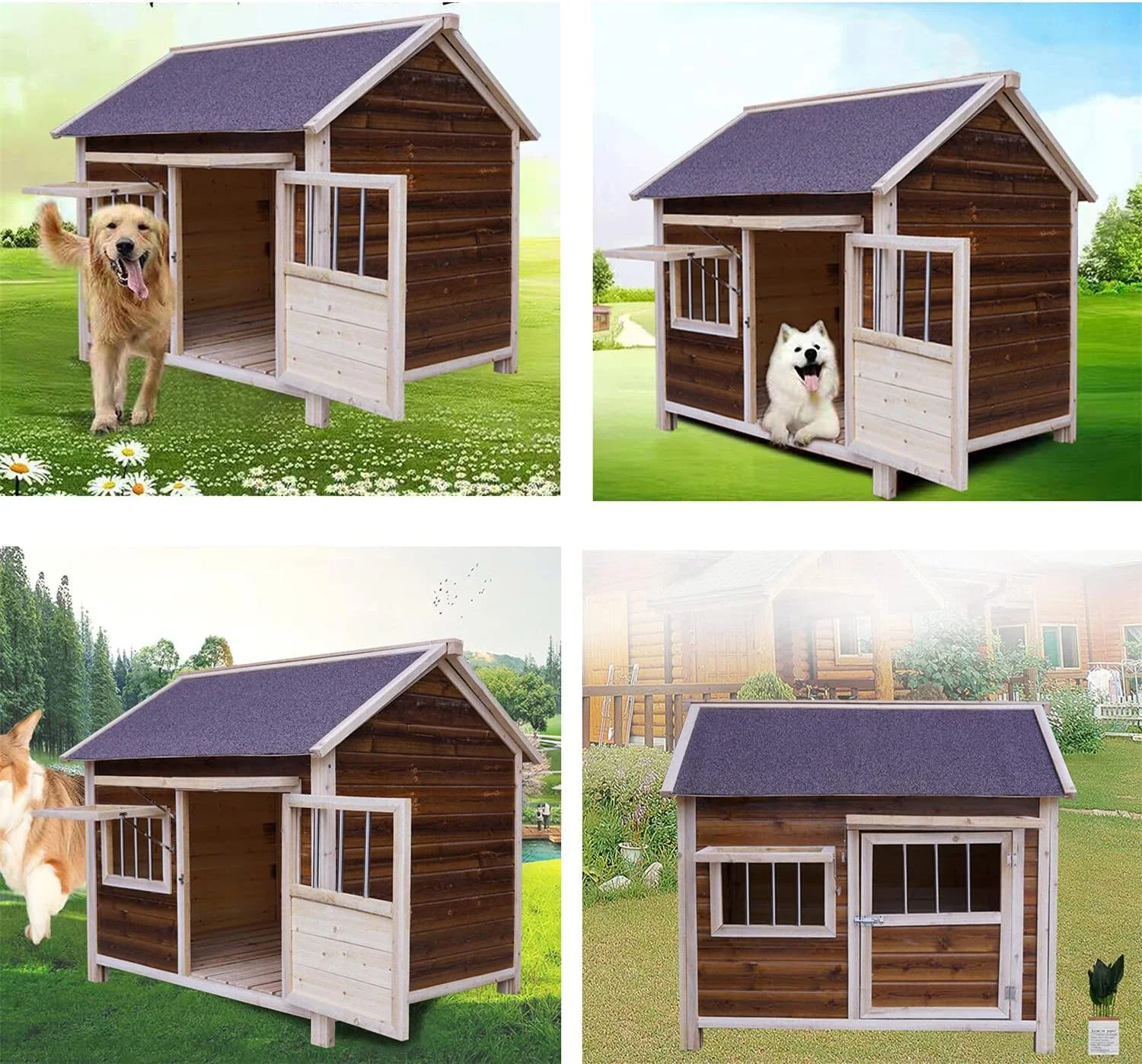 خانه سگ چوبی، خانه سگ حیاط چوبی، لانه کلبه چوبی حیوانات خانگی در فضای باز، صفحه پایه کشویی، با پنجره در و آفتابگیر برای فضای باز، برای حیوانات کوچک متوسط بزرگ، M