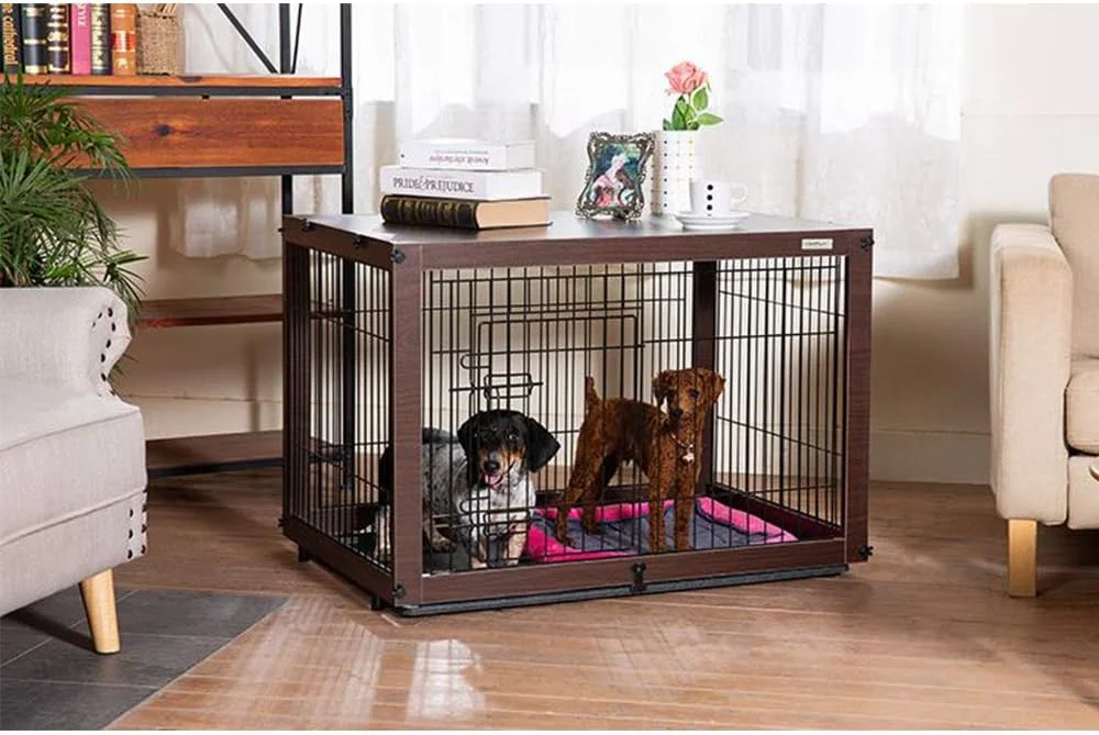 قفس سگ فلزی WYJW با جعبه چوبی و میز بالایی با پایه مرتفع، مناسب برای سبک های مختلف خانه، 3 سایز مناسب برای سگ های بزرگ، متوسط ​​و کوچک، قهوه ای، L