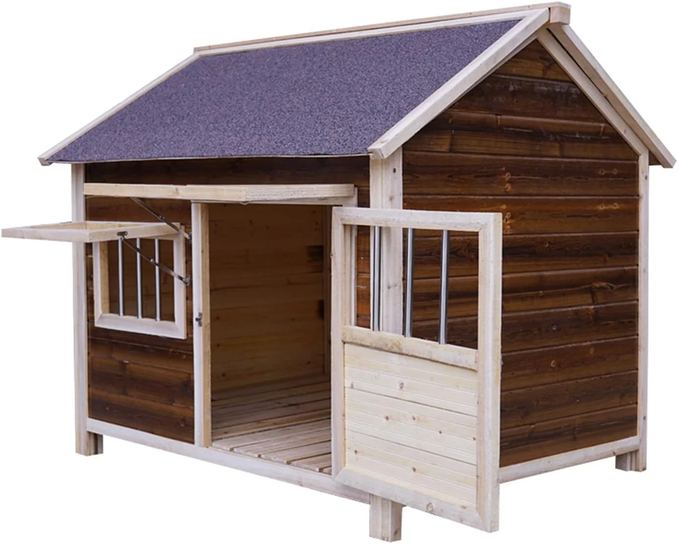 خانه سگ چوبی، خانه سگ حیاط چوبی، لانه کابین چوبی حیوانات خانگی در فضای باز، صفحه پایه کشویی، با پنجره در و آفتابگیر برای فضای باز، برای حیوانات کوچک متوسط ​​بزرگ، L