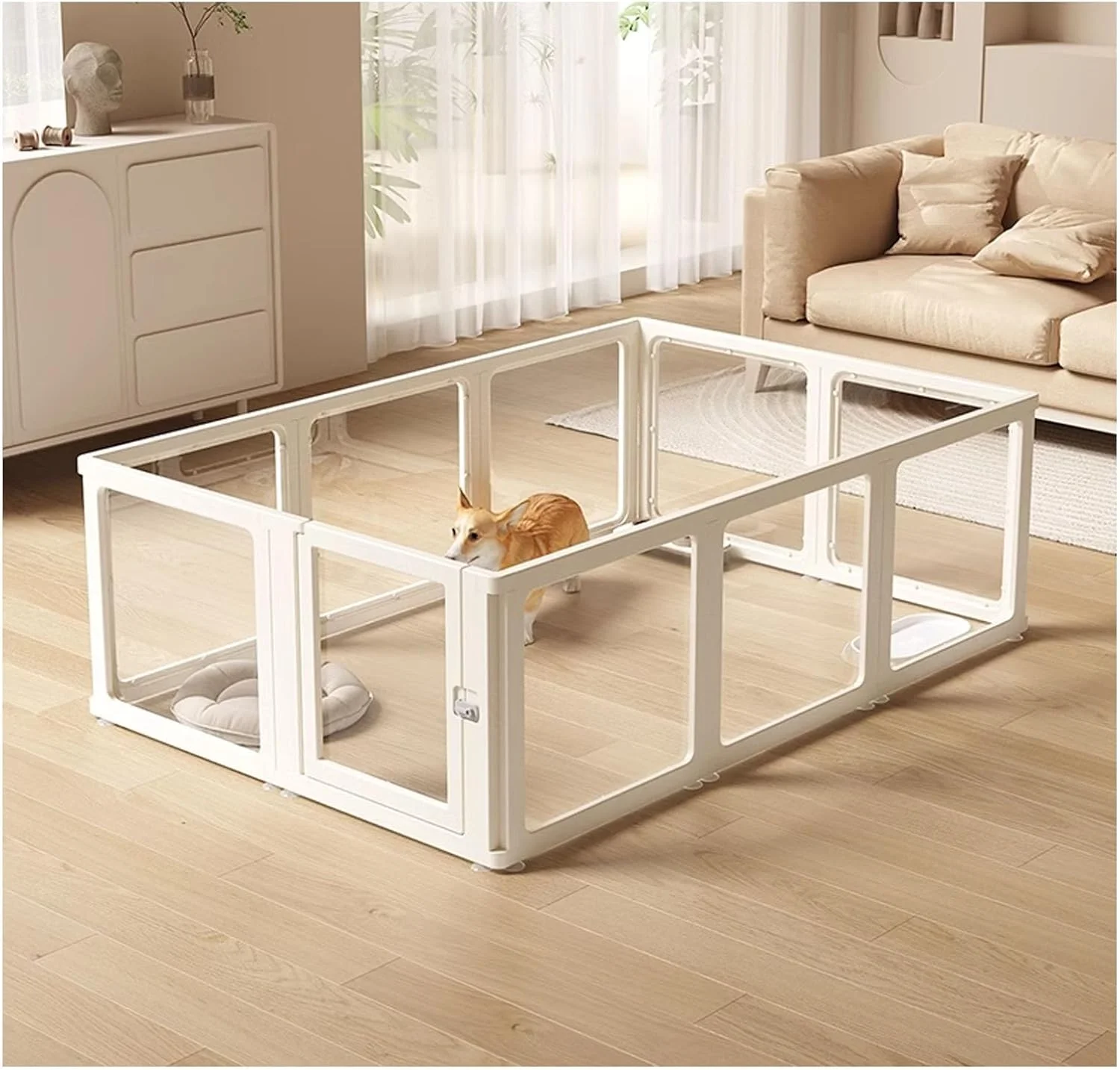 محوطه بازی توله سگ، باکس زایمان برای توله سگ ها، محوطه بازی سگ اکریلیک، محوطه بازی سگ کوچک، حصار قابل حمل و بادوام، موانع سگ برای خانه، خانه، پله ها، شومینه، مونتاژ آسان (ارتفاع 75 سانتی متر، ابعاد 126x66 سانتی متر)