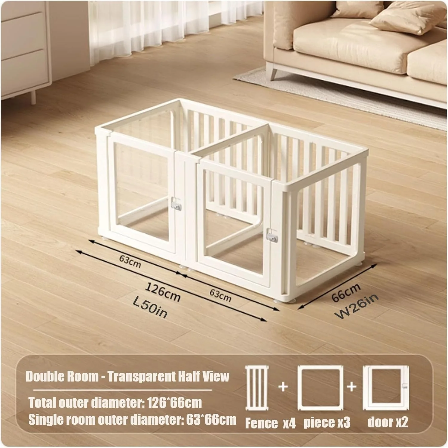 محوطه بازی توله سگ، باکس زایمان برای توله سگ ها، محوطه بازی سگ اکریلیک، محوطه بازی سگ کوچک، حصار قابل حمل و بادوام، موانع سگ برای خانه، خانه، پله ها، شومینه، مونتاژ آسان (ارتفاع 75 سانتی متر، ابعاد 126x66 سانتی متر)