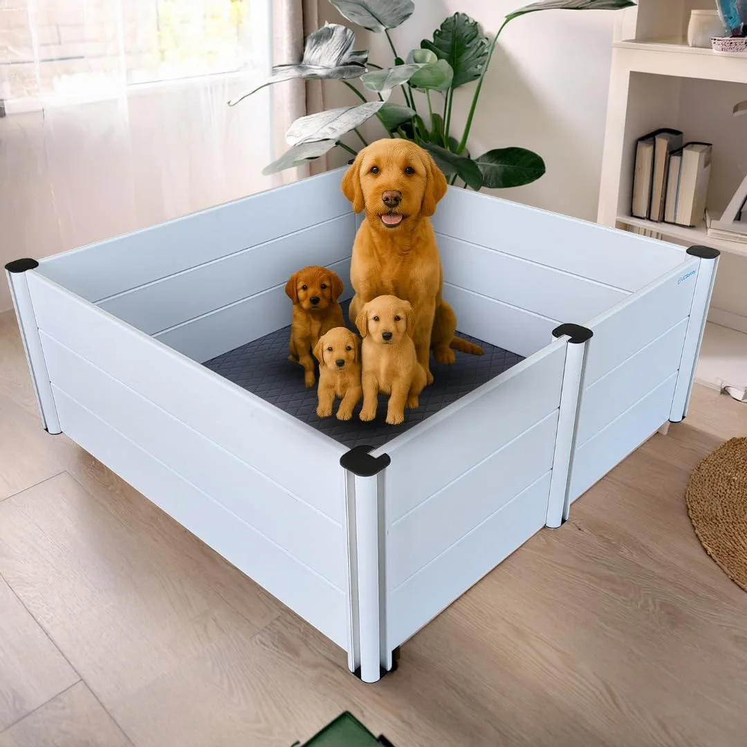 جعبه زایمان سگ همراه با پد ادرار (122x122x46 سانتی متر) - درب جلویی با ارتفاع قابل تنظیم و بازشوی روان، جعبه زایمان جادار سگ - نصب آسان