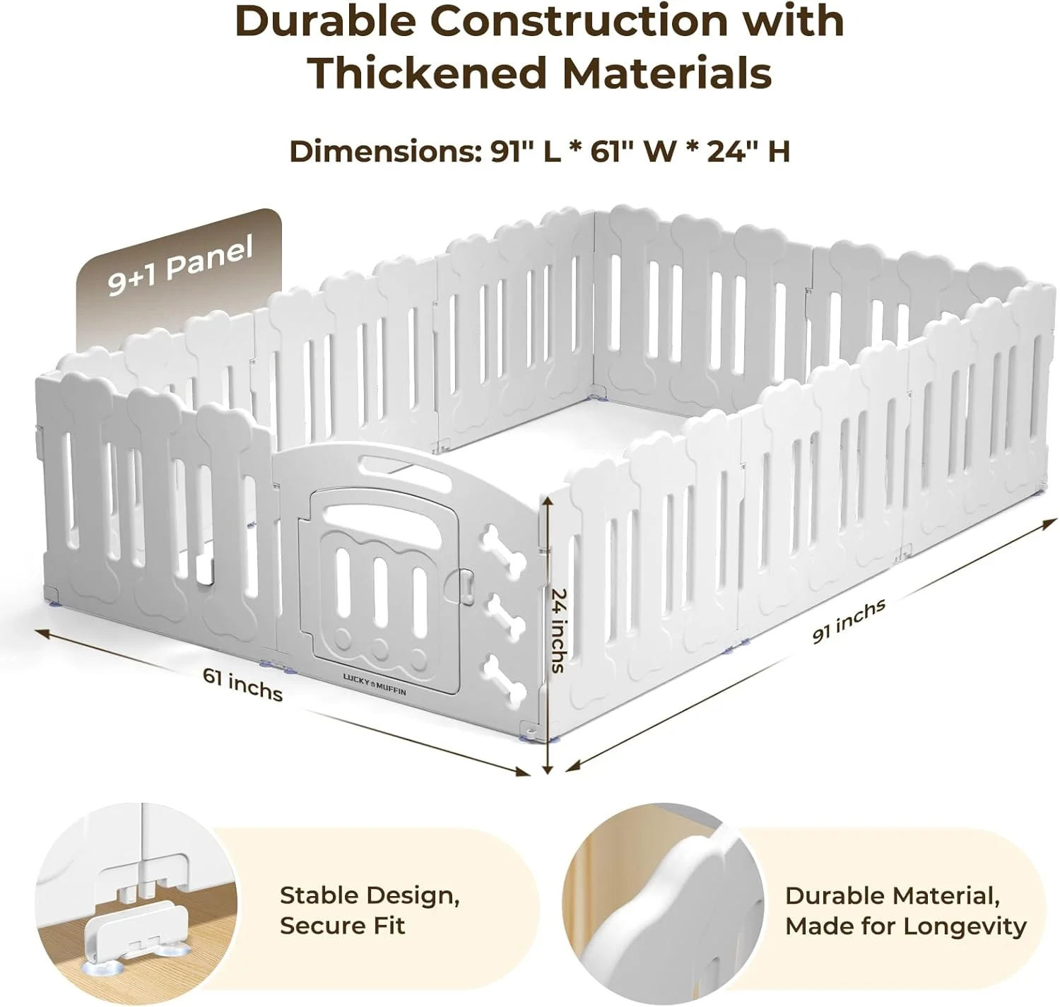 محوطه بازی سگ Lucky Muffin با درب و جعبه زایمان، حصار پلاستیکی سبک وزن 10 پنلی برای حیوانات خانگی کوچک تا متوسط، استفاده در فضای داخلی/خارجی، قابل حمل، بادوام، ضد لغزش، مونتاژ آسان