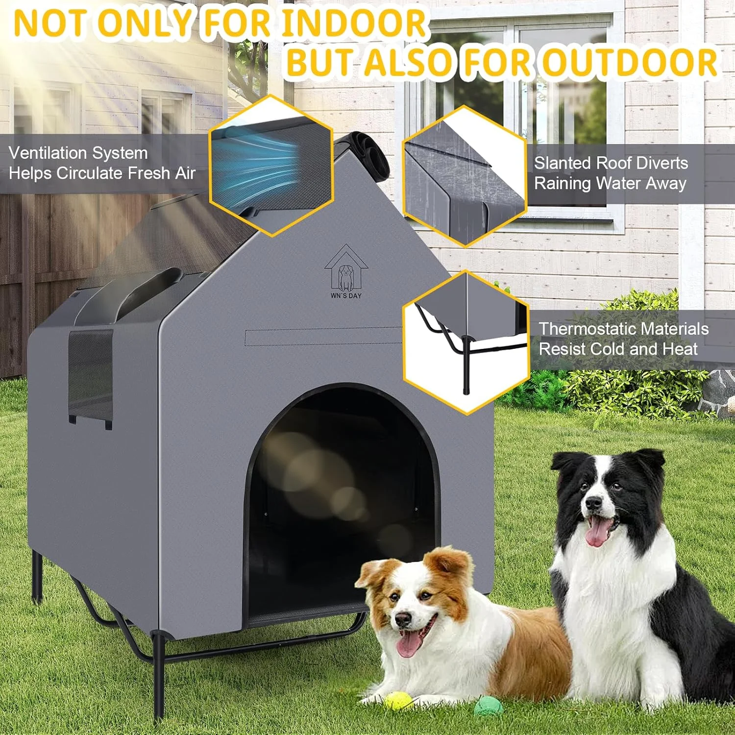 خانه سگ بزرگ 48 اینچی مناسب فضای باز، خانه سگ بزرگ ضد آب با تخت سگ مرتفع Textilene، چادر سگ تنفسی، خانه سگ بسیار بزرگ مناسب فضای باز با پنجره و سایبان