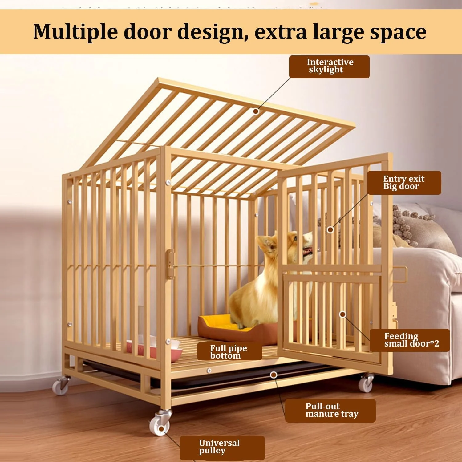 قفس سگ سنگین با چرخ، لانه حیوانات خانگی طلایی قابل حمل با سینی جداشدنی، برای سگ های کوچک و متوسط، قفس حیوانات خانگی تخریب ناپذیر (70cm/27.5in) قفس سگ سنگین با چرخ، لانه حیوانات خانگی طلایی قابل حمل با سینی جداشدنی، برای سگ های کوچک و متوسط، قفس حیوانات خانگی تخریب ناپذیر (70cm/27.5in)