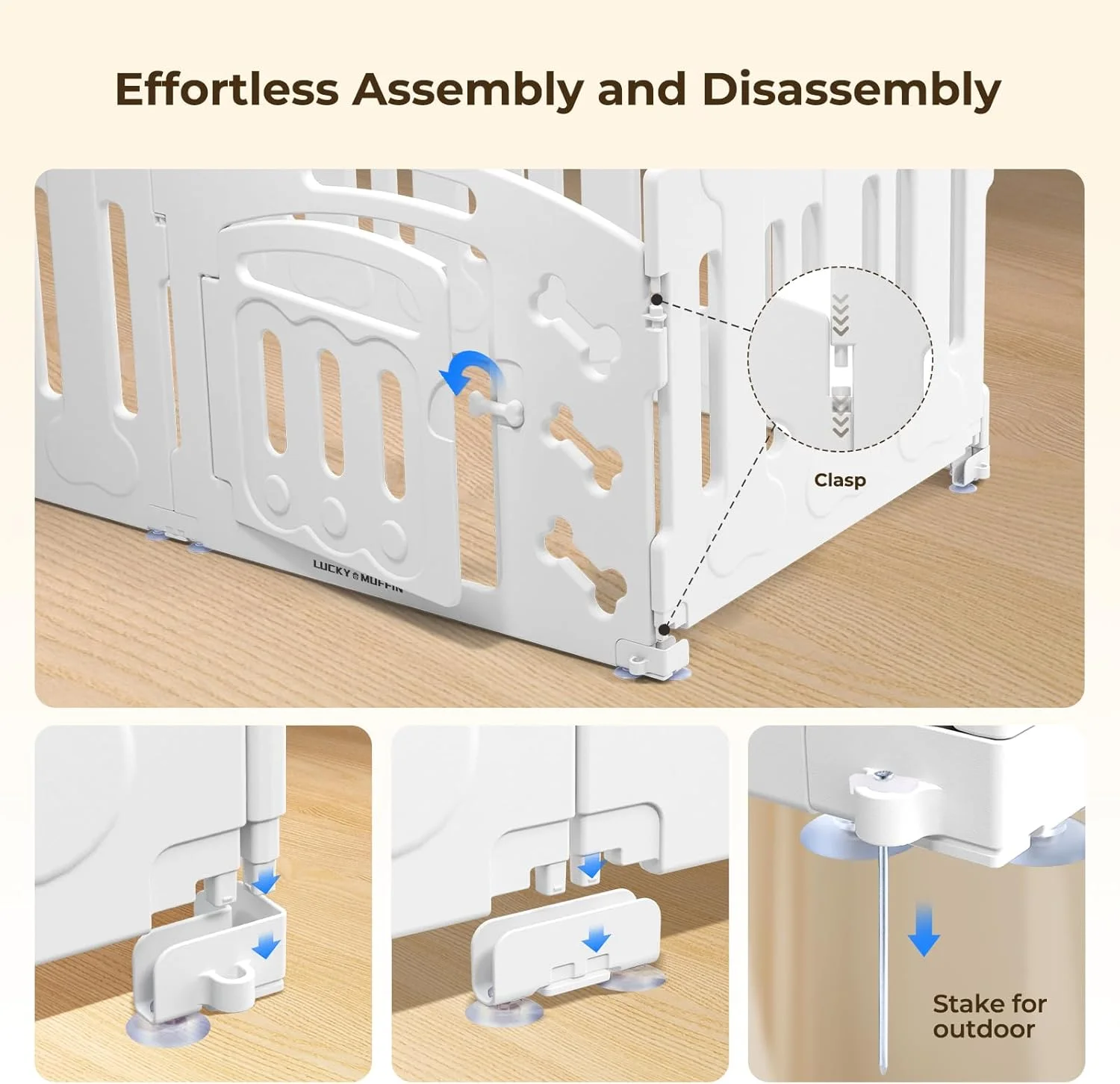 محوطه بازی سگ Lucky Muffin با درب و جعبه زایمان، حصار پلاستیکی سبک وزن 10 پنلی برای حیوانات خانگی کوچک تا متوسط، استفاده در فضای داخلی/خارجی، قابل حمل، بادوام، ضد لغزش، مونتاژ آسان