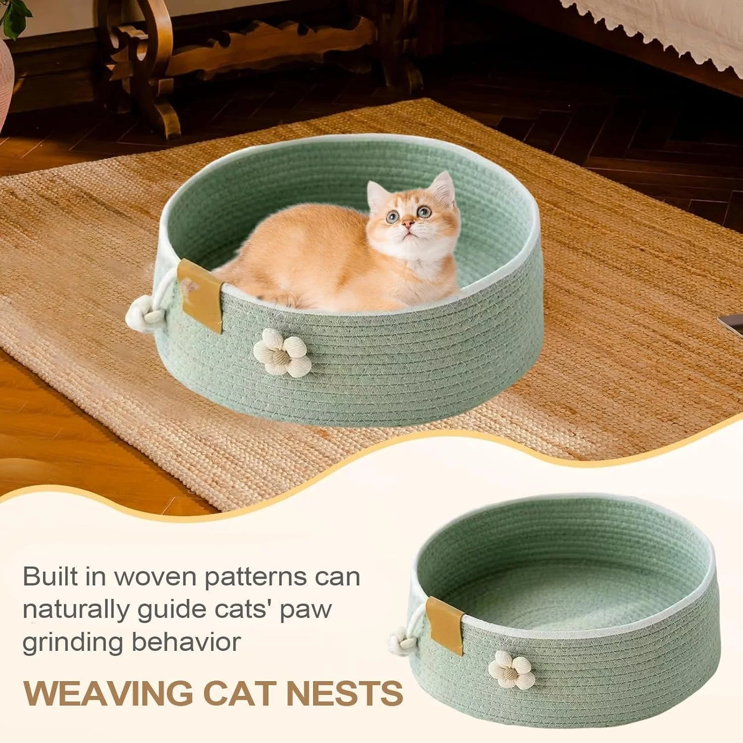 سبد تخت گربه | لانه حیوانات خانگی بافت بزرگ | مبلمان حیوانات خانگی خراشنده برای نژادهای کوچک، متوسط و بزرگ، مناسب استراحت، بازی، خواب، میز، لبه پنجره، ماشین، تابستان در داخل خانه