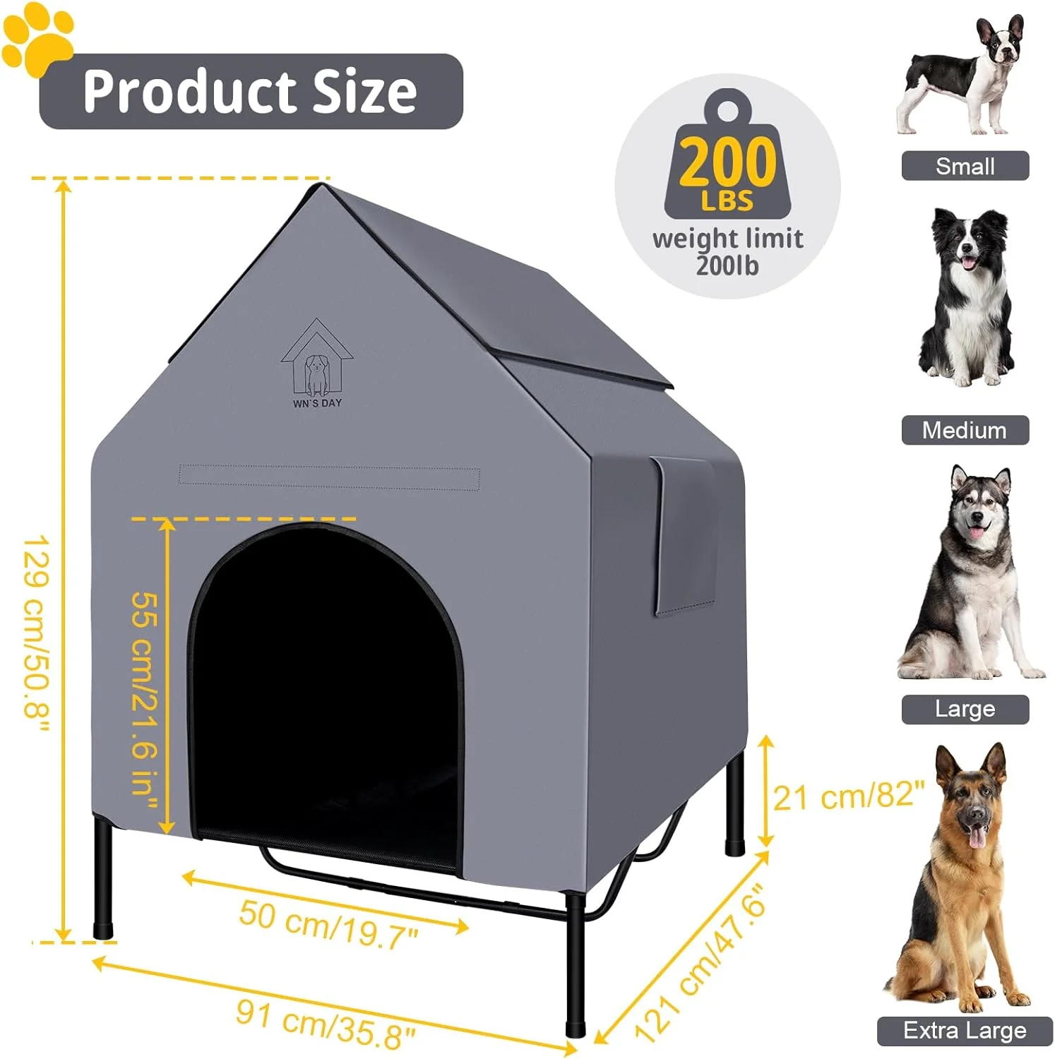 خانه سگ بزرگ 48 اینچی مناسب فضای باز، خانه سگ بزرگ ضد آب با تخت سگ مرتفع Textilene، چادر سگ تنفسی، خانه سگ بسیار بزرگ مناسب فضای باز با پنجره و سایبان