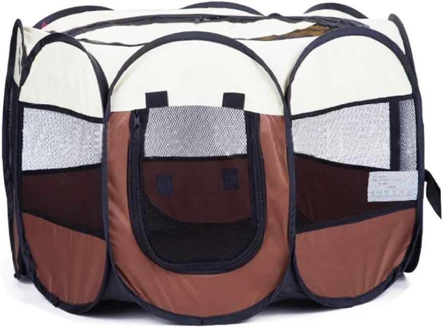 یک عدد لانه سگ و گربه تاشو قابل حمل با پارچه آکسفورد ضد آب، دارای زیپ جداشدنی در قسمت بالایی، مناسب فضای باز، دروازه ایمنی سگ، حصار جدا کننده حیوانات خانگی (قهوه ای، بژ)