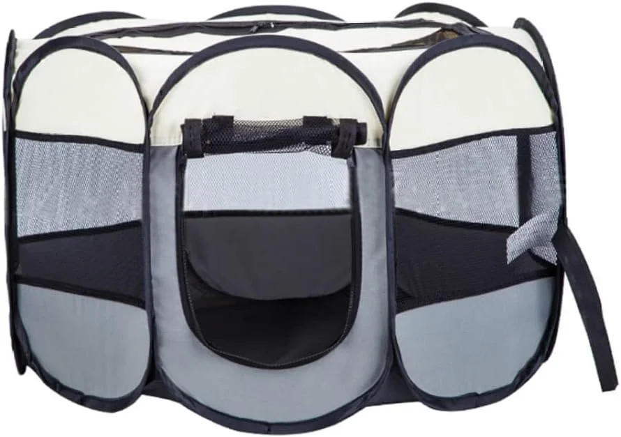 یک عدد لانه سگ و گربه تاشو قابل حمل با پارچه آکسفورد ضد آب، دارای زیپ جداشدنی در قسمت بالایی، مناسب فضای باز، دروازه ایمنی سگ، حصار جدا کننده حیوانات خانگی (قهوه ای، بژ)