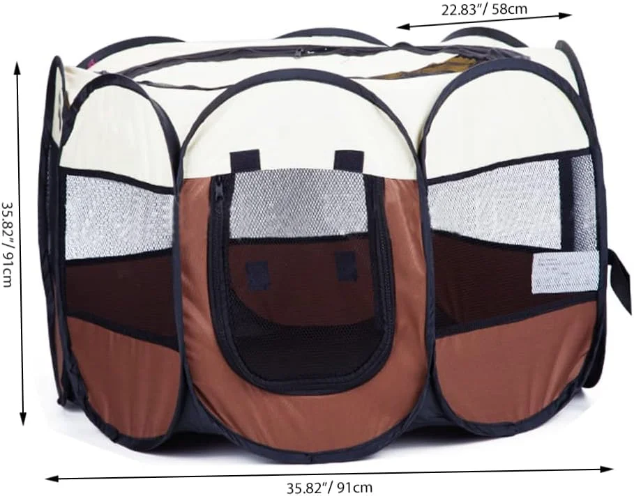 یک عدد لانه سگ و گربه تاشو قابل حمل با پارچه آکسفورد ضد آب، دارای زیپ جداشدنی در قسمت بالایی، مناسب فضای باز، دروازه ایمنی سگ، حصار جدا کننده حیوانات خانگی (قهوه ای، بژ)