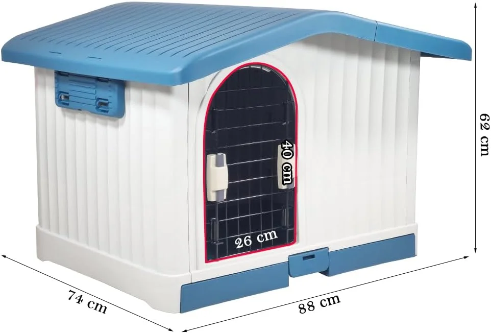 خانه سگ با پلاستیک بادوام، ضد آب، خانه حیوانات خانگی مناسب تمام آب و هوا، و سینی کشویی، پناهگاه سگ برای استفاده در داخل و خارج از منزل، سقف قابل تنظیم، میله جریان هوای جانبی، ایده آل برای سگ های در اندازه های مختلف 88 سانتی متر (آبی)