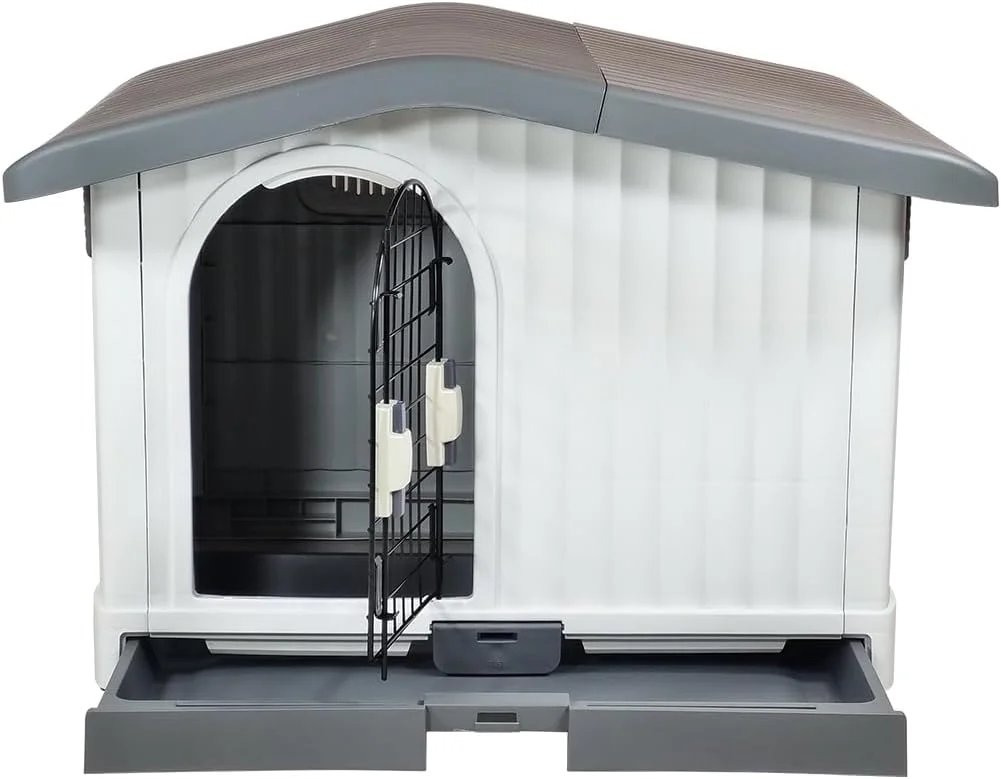 لانه سگ پلاستیکی بادوام، ضد آب، خانه حیوانات خانگی مناسب همه آب و هوا، با سینی کشویی، پناهگاه سگ برای استفاده در داخل و خارج از منزل، سقف قابل تنظیم، میله جریان هوای جانبی، ایده آل برای سگ های در هر اندازه 88 سانتی متر (خاکستری)