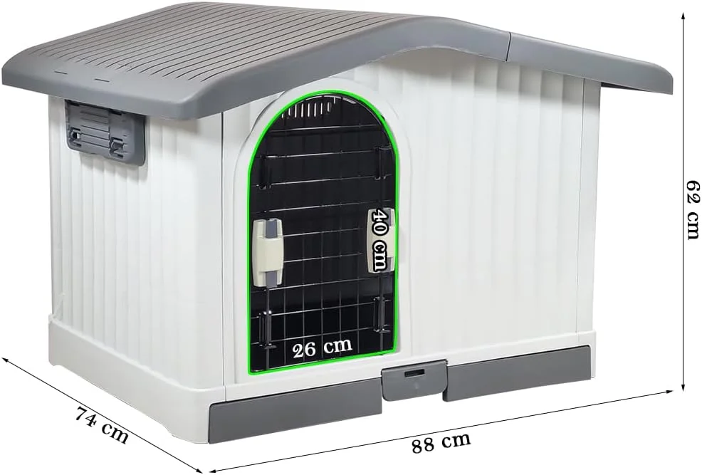 لانه سگ پلاستیکی بادوام، ضد آب، خانه حیوانات خانگی مناسب همه آب و هوا، با سینی کشویی، پناهگاه سگ برای استفاده در داخل و خارج از منزل، سقف قابل تنظیم، میله جریان هوای جانبی، ایده آل برای سگ های در هر اندازه 88 سانتی متر (خاکستری)