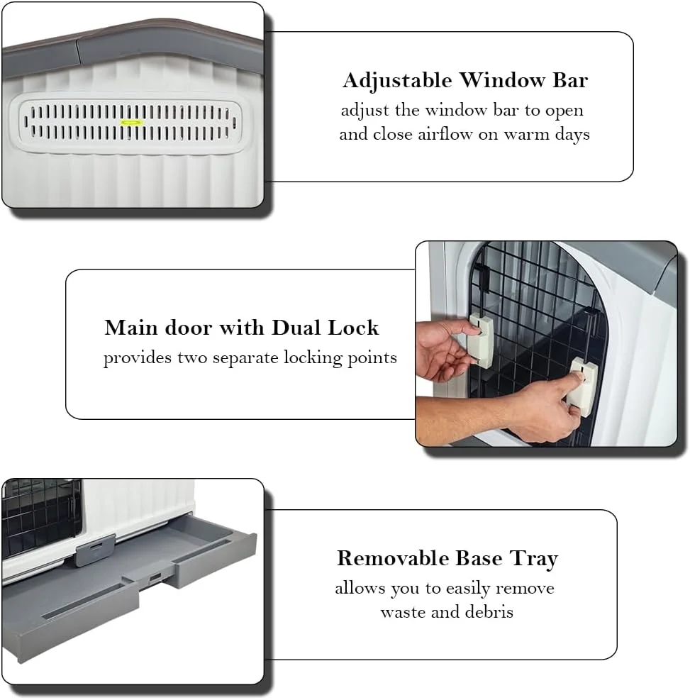 لانه سگ پلاستیکی بادوام، ضد آب، خانه حیوانات خانگی مناسب همه آب و هوا، با سینی کشویی، پناهگاه سگ برای استفاده در داخل و خارج از منزل، سقف قابل تنظیم، میله جریان هوای جانبی، ایده آل برای سگ های در هر اندازه 88 سانتی متر (خاکستری)