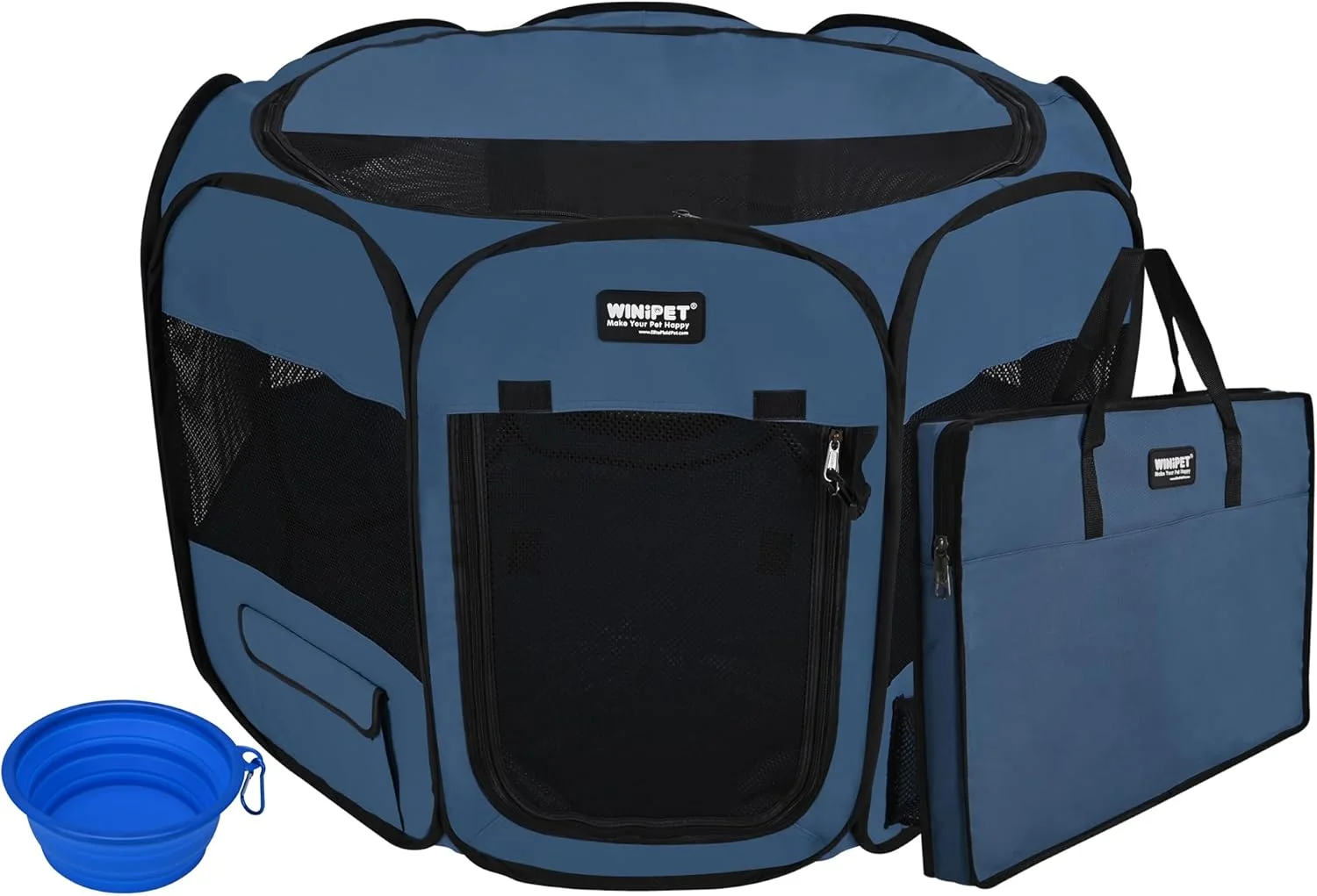 پارک بازی تاشو نرم حیوانات خانگی 2 درب WINiPET، به همراه کیف حمل و کاسه سیلیکونی با گرید غذایی، پارک بازی قابل حمل سگ و گربه در 10 سایز و 12 رنگ، قلم ورزشی، خانه حیوانات خانگی داخلی و خارجی