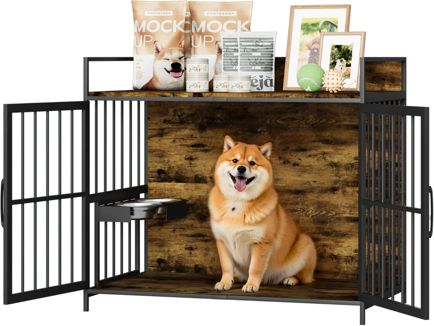 قفس سگ مبلمان-استایل وارکت با فیدر قابل تنظیم و چرخش 360 درجه برای سگ ها، دارای 2 کاسه استیل ضد زنگ، مناسب استفاده در فضای داخلی به عنوان میز کنار تختی، قهوه ای (طول 104 سانتی متر، عرض 61 سانتی متر، ارتفاع 91 سانتی متر)