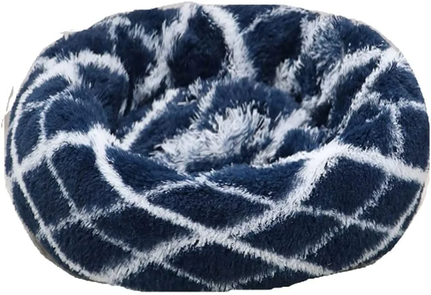 خانه سگ وانام، تخت گربه برای حیوانات خانگی، فوق العاده نرم و مخملی، سایز کامل، تخت خواب آرام، تخت دوناتی راحت، مناسب برای خوابیدن انواع گربه (رنگ: هندسه آبی سرمه ای، سایز: 60 سانتی متر)