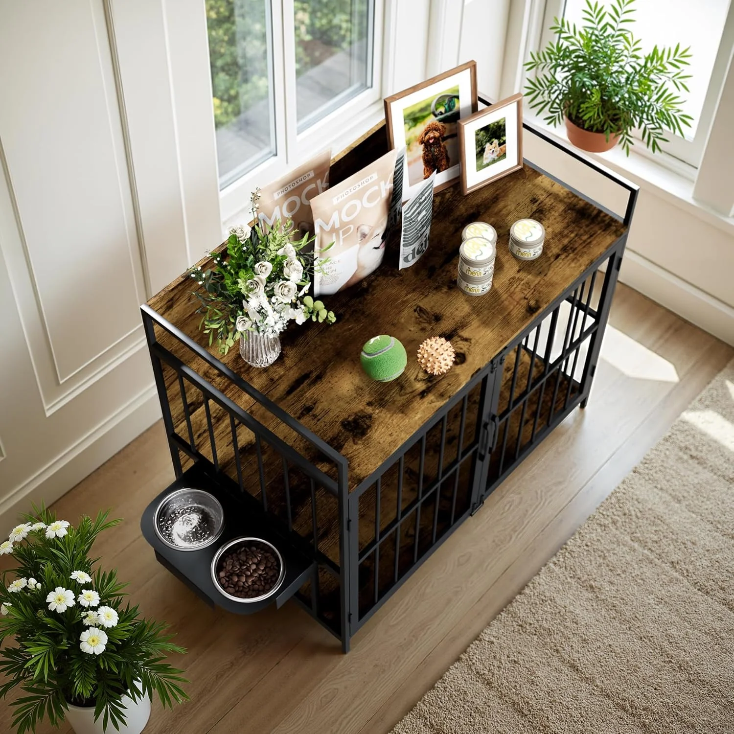 قفس سگ مبلمان-استایل وارکت با فیدر قابل تنظیم و چرخش 360 درجه برای سگ ها، دارای 2 کاسه استیل ضد زنگ، مناسب استفاده در فضای داخلی به عنوان میز کنار تختی، قهوه ای (طول 104 سانتی متر، عرض 61 سانتی متر، ارتفاع 91 سانتی متر)