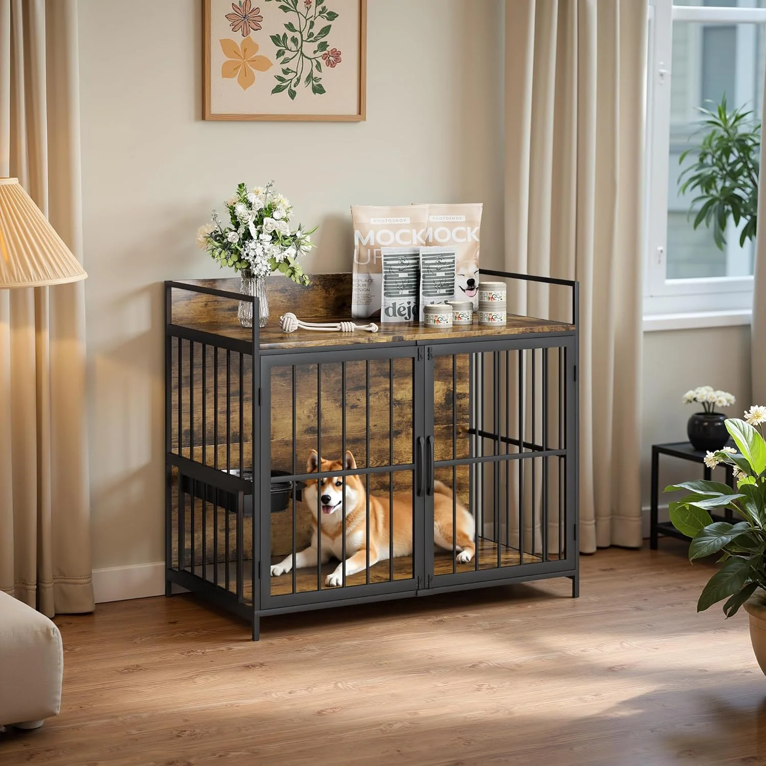 قفس سگ مبلمان-استایل وارکت با فیدر قابل تنظیم و چرخش 360 درجه برای سگ ها، دارای 2 کاسه استیل ضد زنگ، مناسب استفاده در فضای داخلی به عنوان میز کنار تختی، قهوه ای (طول 104 سانتی متر، عرض 61 سانتی متر، ارتفاع 91 سانتی متر)