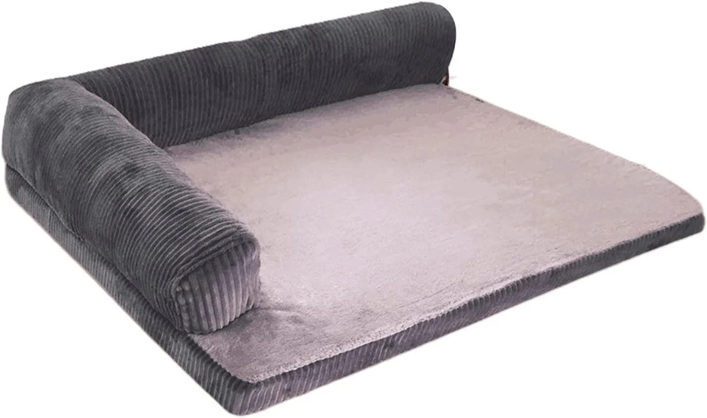 تخت خواب کوچک سگ VIZCO، تخت خواب مبل سگ، تخت خواب سگ مموری فوم نرم با بالش، خانه توله سگ، تشک کوسن مبل L شکل برای سگ های بزرگ (رنگ: خاکستری، سایز: XL(105x90cm))