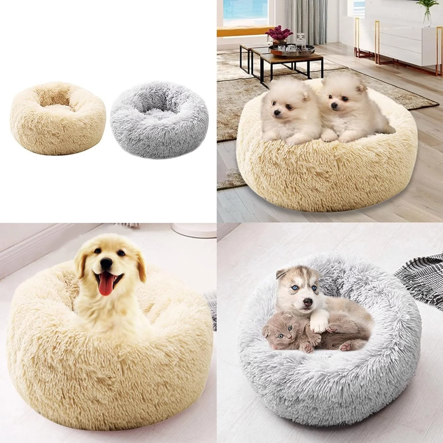 تخت خواب کوچک سگ VIZCO، لانه گرد تاشو و راحت سگ، خانه گرم قابل حمل از جنس کشمیر برای گربه، تخت خواب بادوام و مقاوم در برابر سایش، لوازم حیوانات خانگی (رنگ: بژ، سایز: کوچک)