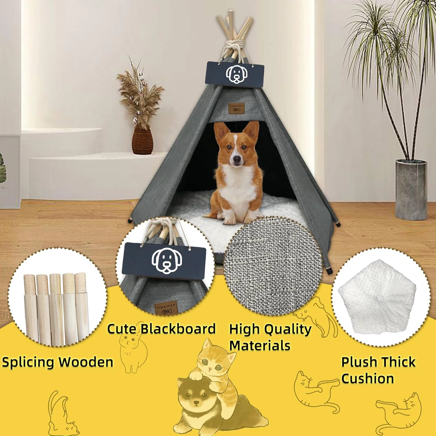 چادر تیپی لوکس Vinnypet برای گربه ها و سگ ها - کوسن مخملی - قابل جدا شدن و شستشو - 60 x 60 x 70 سانتی متر