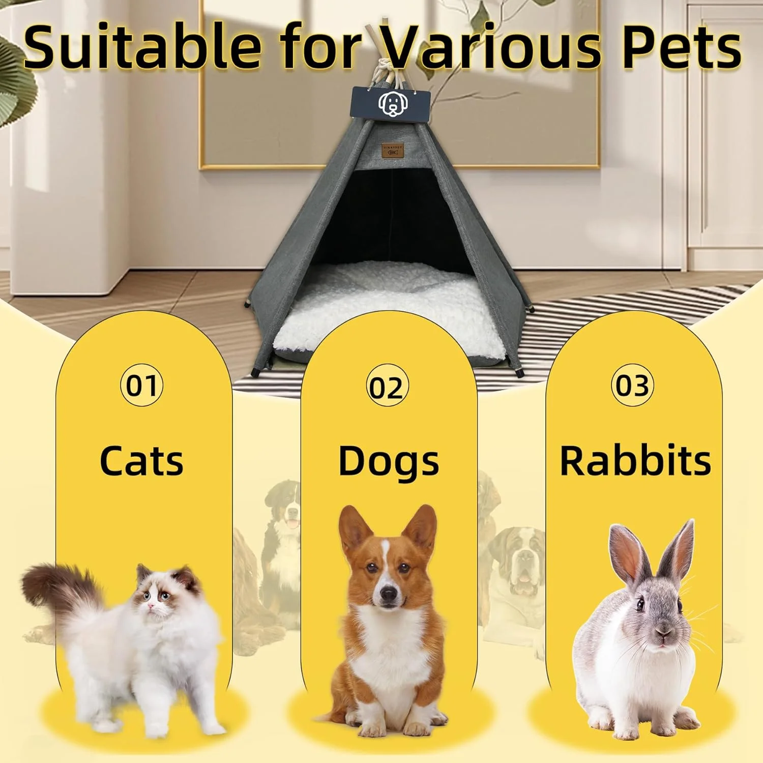 چادر تیپی لوکس Vinnypet برای گربه ها و سگ ها - کوسن مخملی - قابل جدا شدن و شستشو - 60 x 60 x 70 سانتی متر