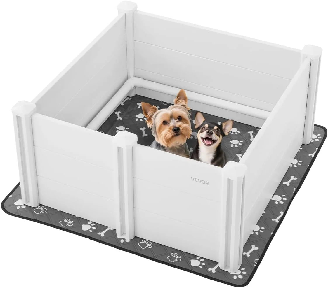 جعبه زایمان سگ VEVOR، 98x98x46 سانتی متر، محوطه بازی توله سگ پلاستیکی PVC با درب قابل تنظیم ارتفاع و پد ادرار قابل شستشو، محوطه بازی توله سگ ضد تغییر شکل برای سگ های نژاد متوسط، سفید شیری