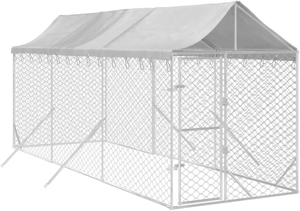 قفس سگ فضای باز vidaXL، خانه سگ با سقف، قفس سگ با درب قفل‌دار و چفت، خانه حیوانات خانگی برای حیوانات کوچک، فولاد گالوانیزه نقره‌ای