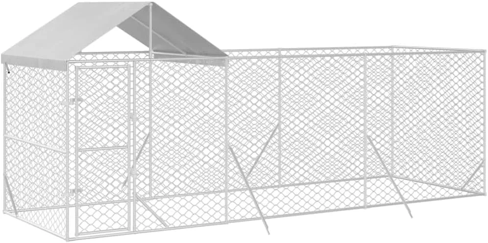 قفس سگ فضای باز ویدا ایکس ال، قفس سگ برای حیاط، باکس سگ با سقف، محوطه بازی توله سگ، خانه قفس حیوانات خانگی، فولاد گالوانیزه نقره ای