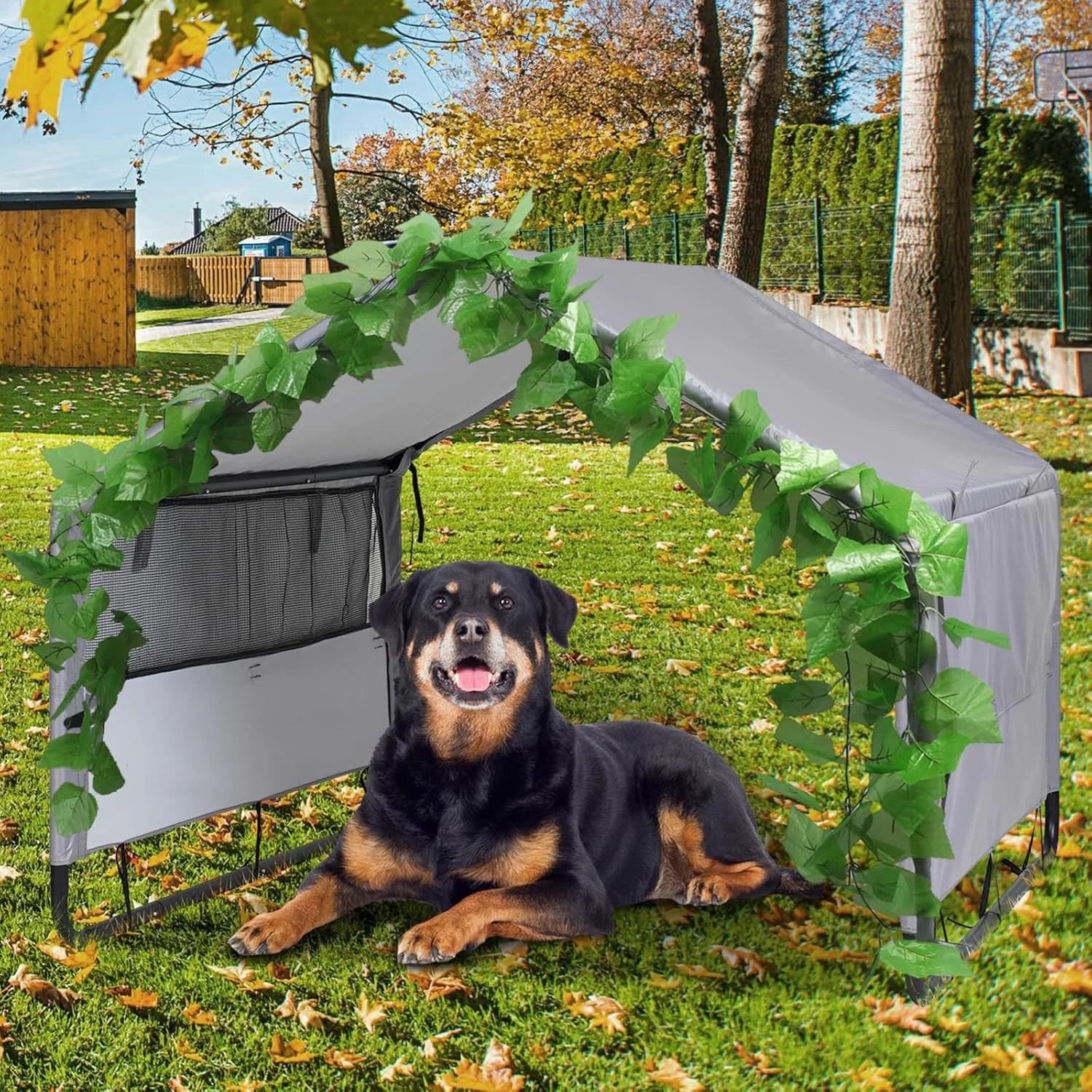 پناهگاه سایه بان سگ بزرگ با تهویه، خانه سگ فضای باز برای سگ های بزرگ و متوسط، خانه حیوانات خانگی سایه باران در فضای باز برای گربه ها، خوک ها، دام با پوشش ضد باران با برگ های مو مصنوعی